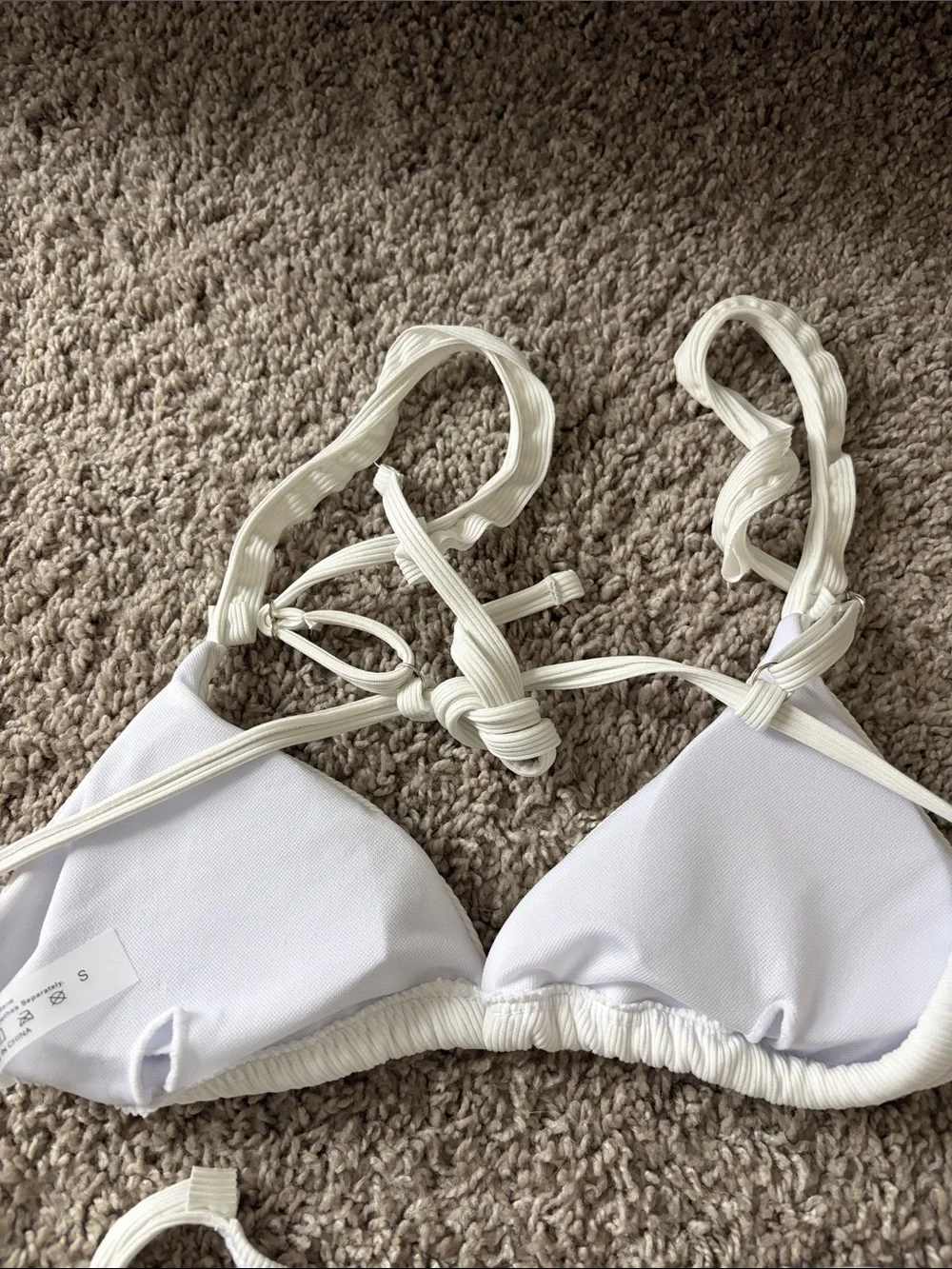 White Lace & Ribbed Triangle Bikini 3 Piece Set - Picture 7 of 8